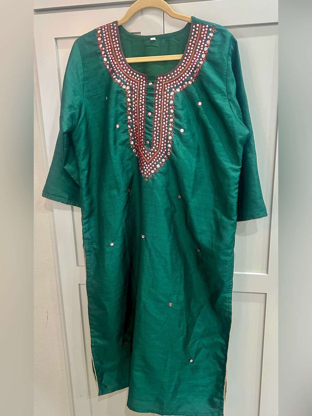 Embellished Emerald Green Kaftan Dress with Mirror Detail OS PTP 23